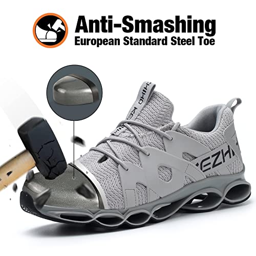 Kezhiho Steel Toe Shoes for Men Women Cushion Comfortable Work Shoes Lightweight Breathable Sneakers Slip Resistant Indestructible Construction Industrial Safety Shoes (KZHUS-D0200344)
